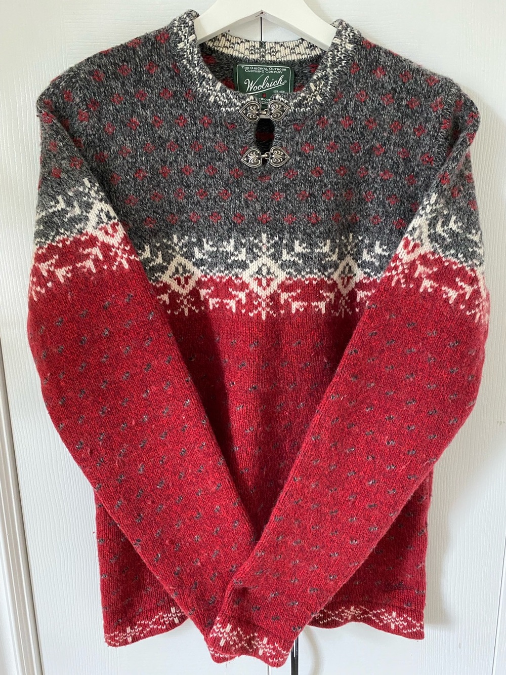 Woolrich Women’s Heritage Fair Isle Sweater Pewter Clasps Nordic Knit Size Large